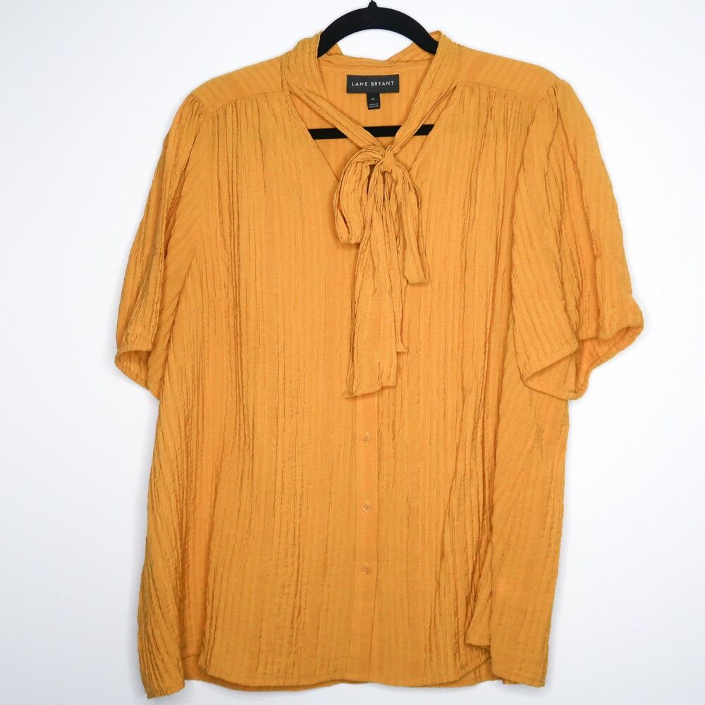 Lane Bryant Womens Button Up Top Plus Size 20 Yellow Crinkle Neck Tie Office‎